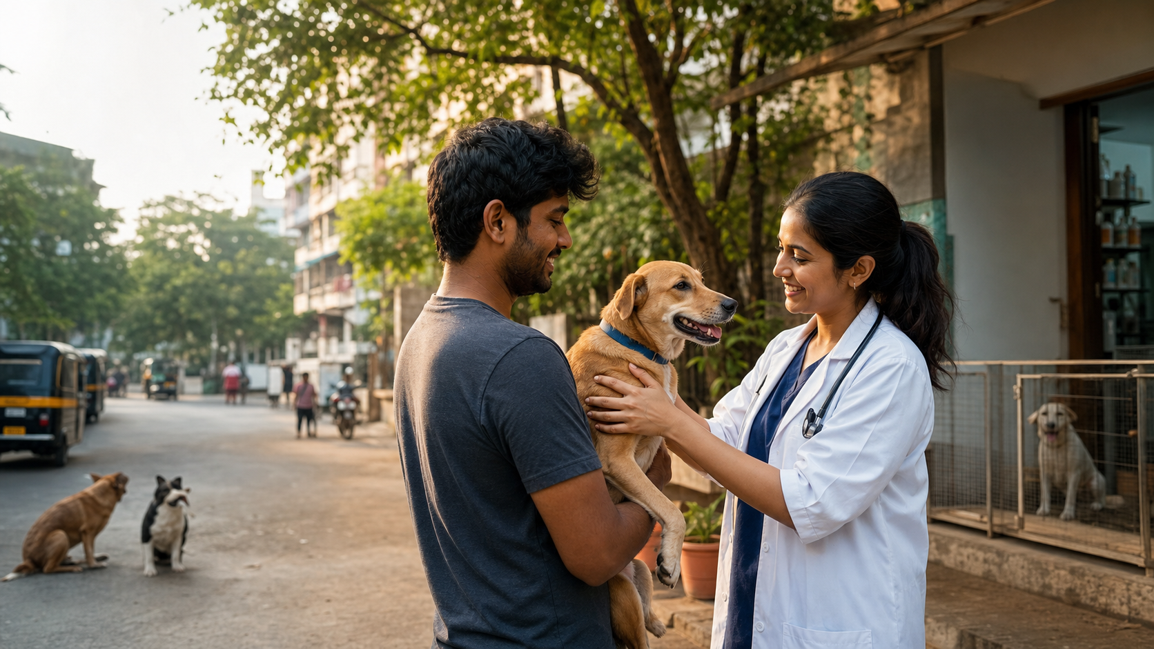Mumbai animal rescuer handing a rescued dog to a veterinarian