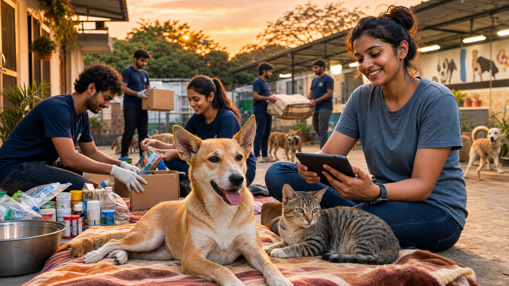 Indian animal shelter volunteers using a dashboard with rescued animals